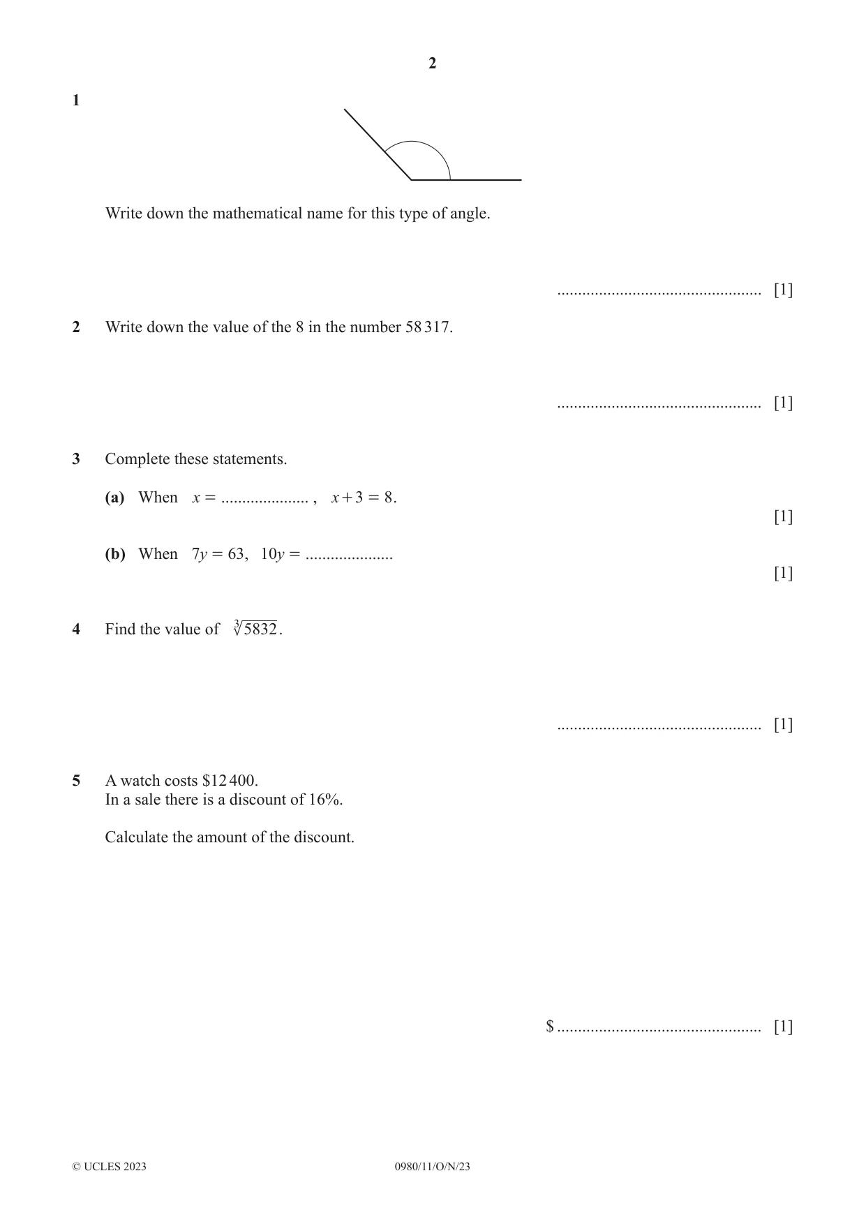 Cambridge IGCSE Mathematics (9-1) 0980 2023 Oct/Nov Paper 1 · Variant 1 question paper, page 2 of 12