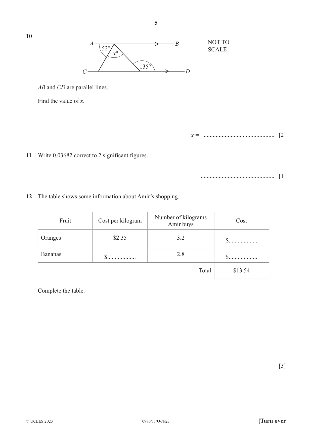 Cambridge IGCSE Mathematics (9-1) 0980 2023 Oct/Nov Paper 1 · Variant 1 question paper, page 5 of 12