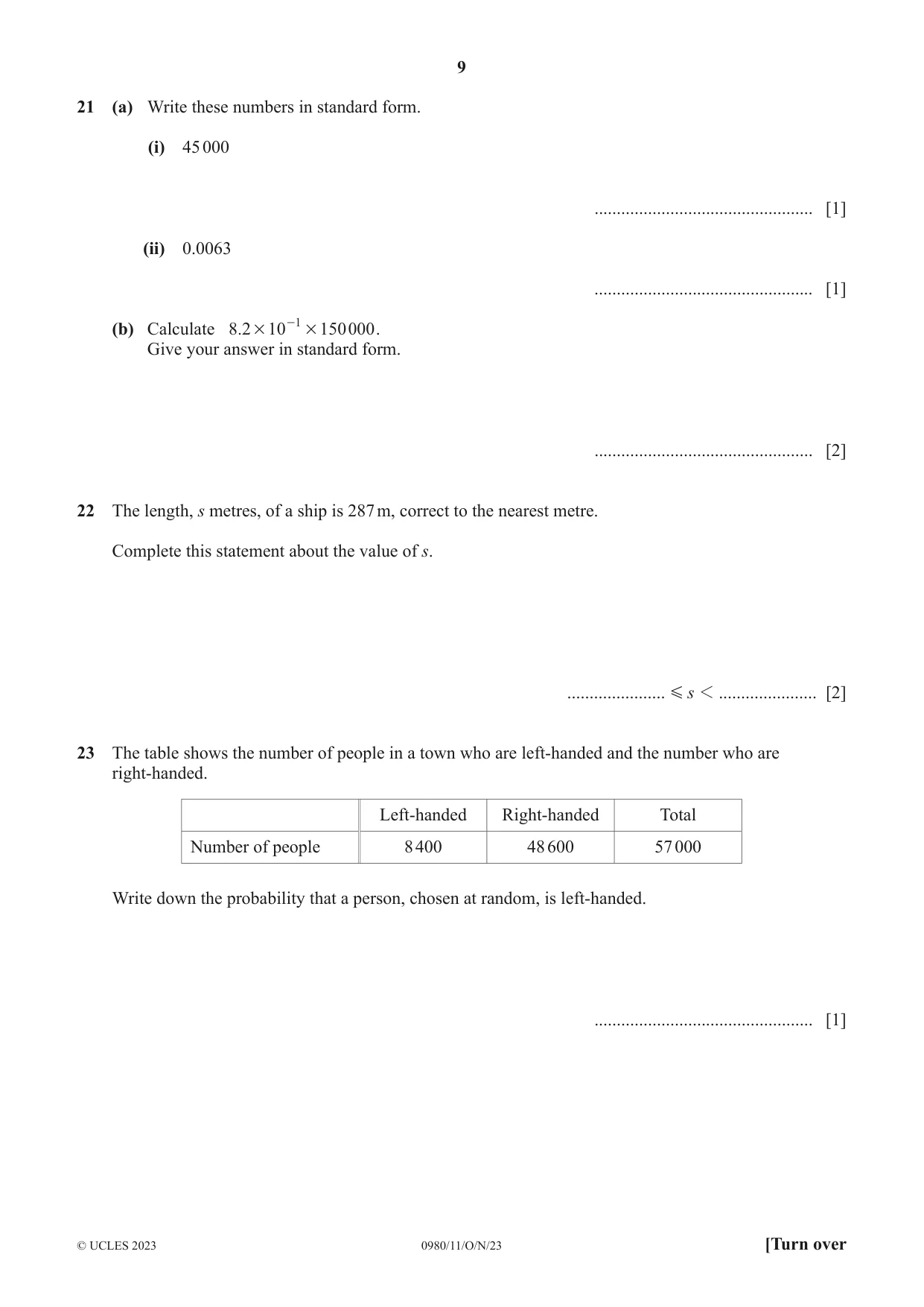 Cambridge IGCSE Mathematics (9-1) 0980 2023 Oct/Nov Paper 1 · Variant 1 question paper, page 9 of 12