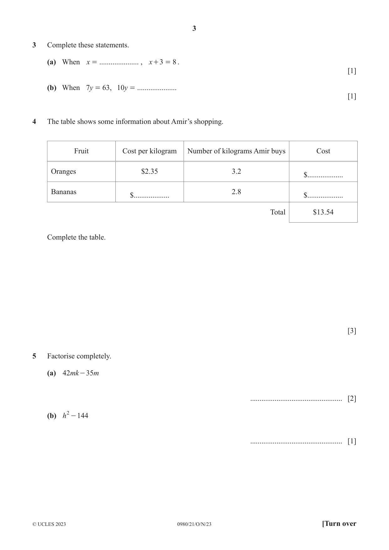Cambridge IGCSE Mathematics (9-1) 0980 2023 Oct/Nov Paper 2 · Variant 1 question paper, page 3 of 12