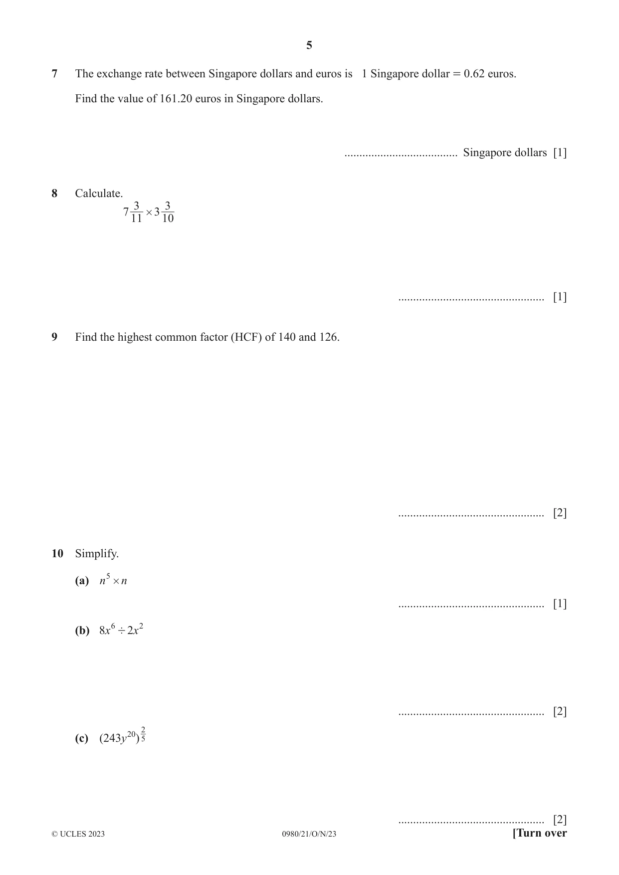 Cambridge IGCSE Mathematics (9-1) 0980 2023 Oct/Nov Paper 2 · Variant 1 question paper, page 5 of 12