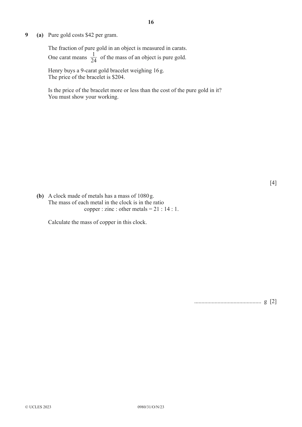 Cambridge IGCSE Mathematics (9-1) 0980 2023 Oct/Nov Paper 3 · Variant 1 question paper, page 16 of 20