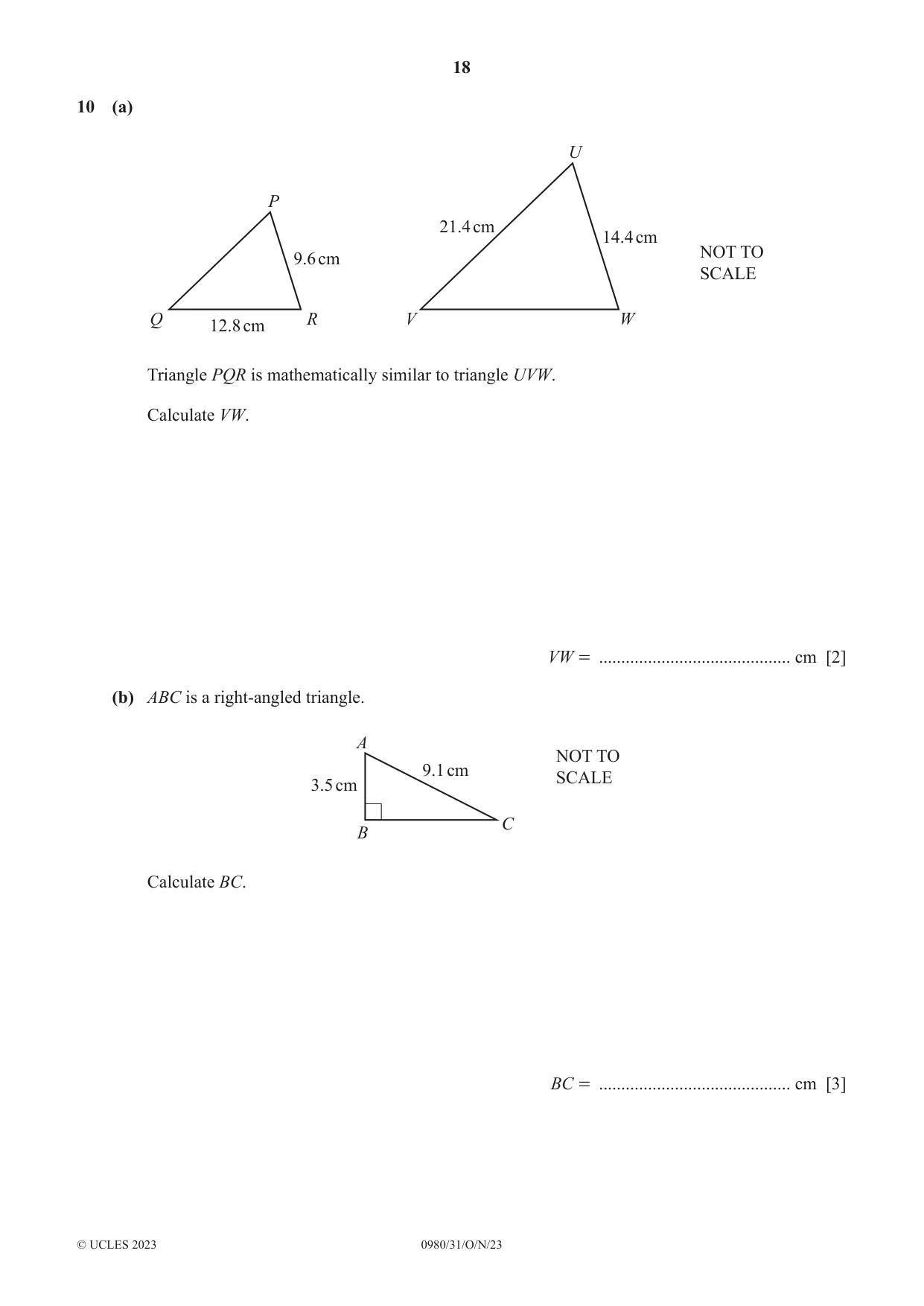 Cambridge IGCSE Mathematics (9-1) 0980 2023 Oct/Nov Paper 3 · Variant 1 question paper, page 18 of 20