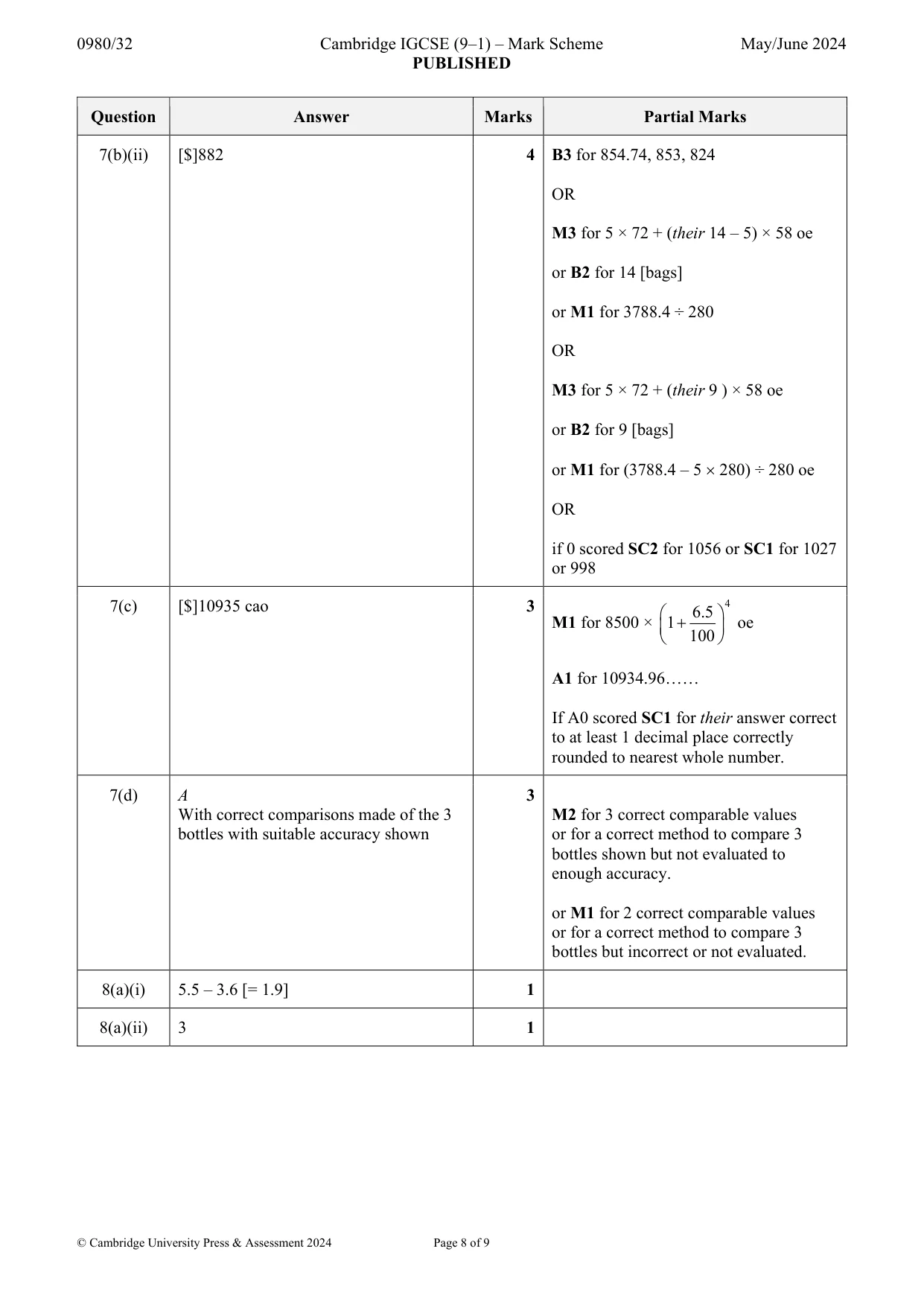 Mark scheme, page 8 of 9
