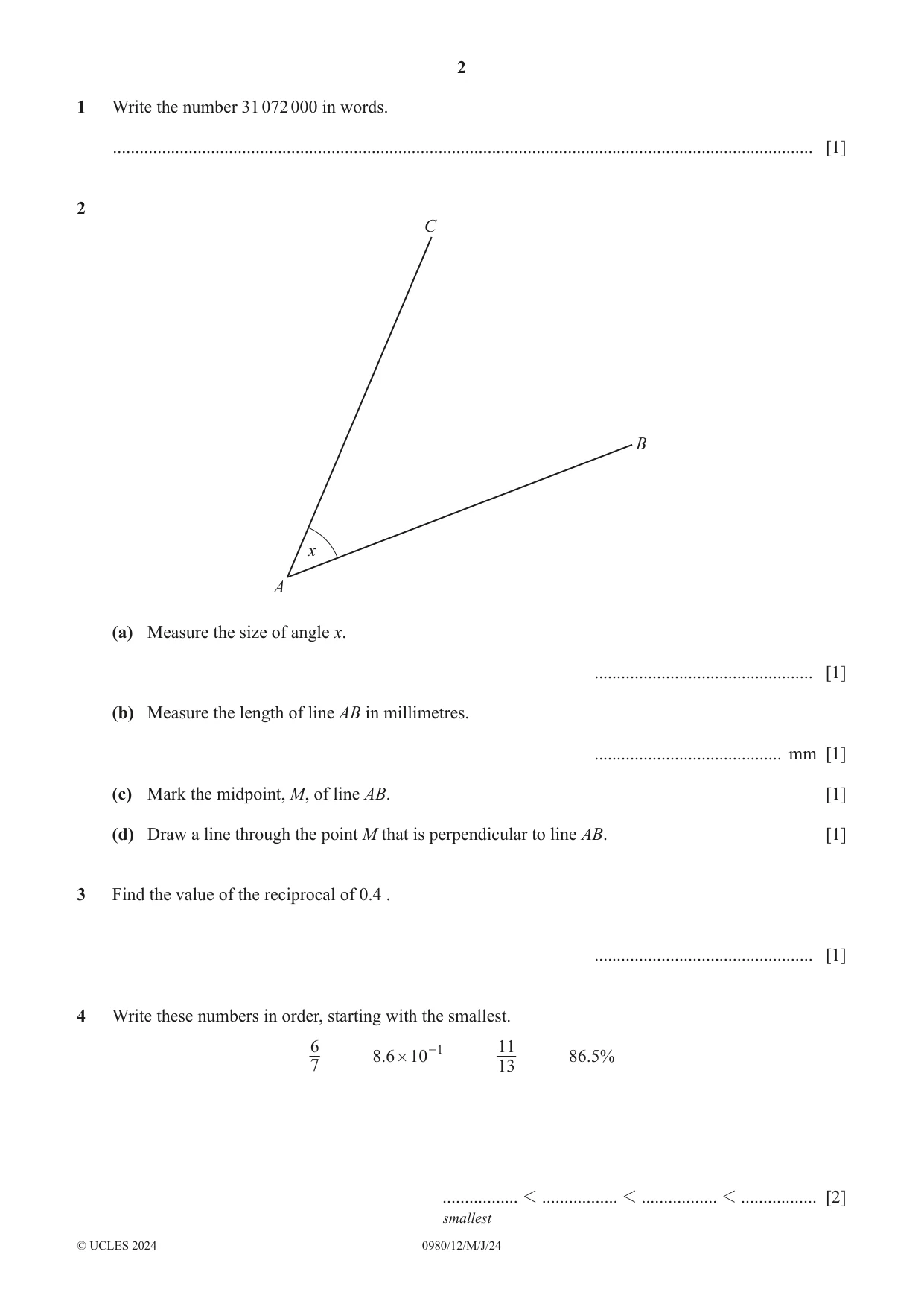 Cambridge IGCSE Mathematics (9-1) 0980 2024 May/June Paper 1 · Variant 2 question paper, page 2 of 8