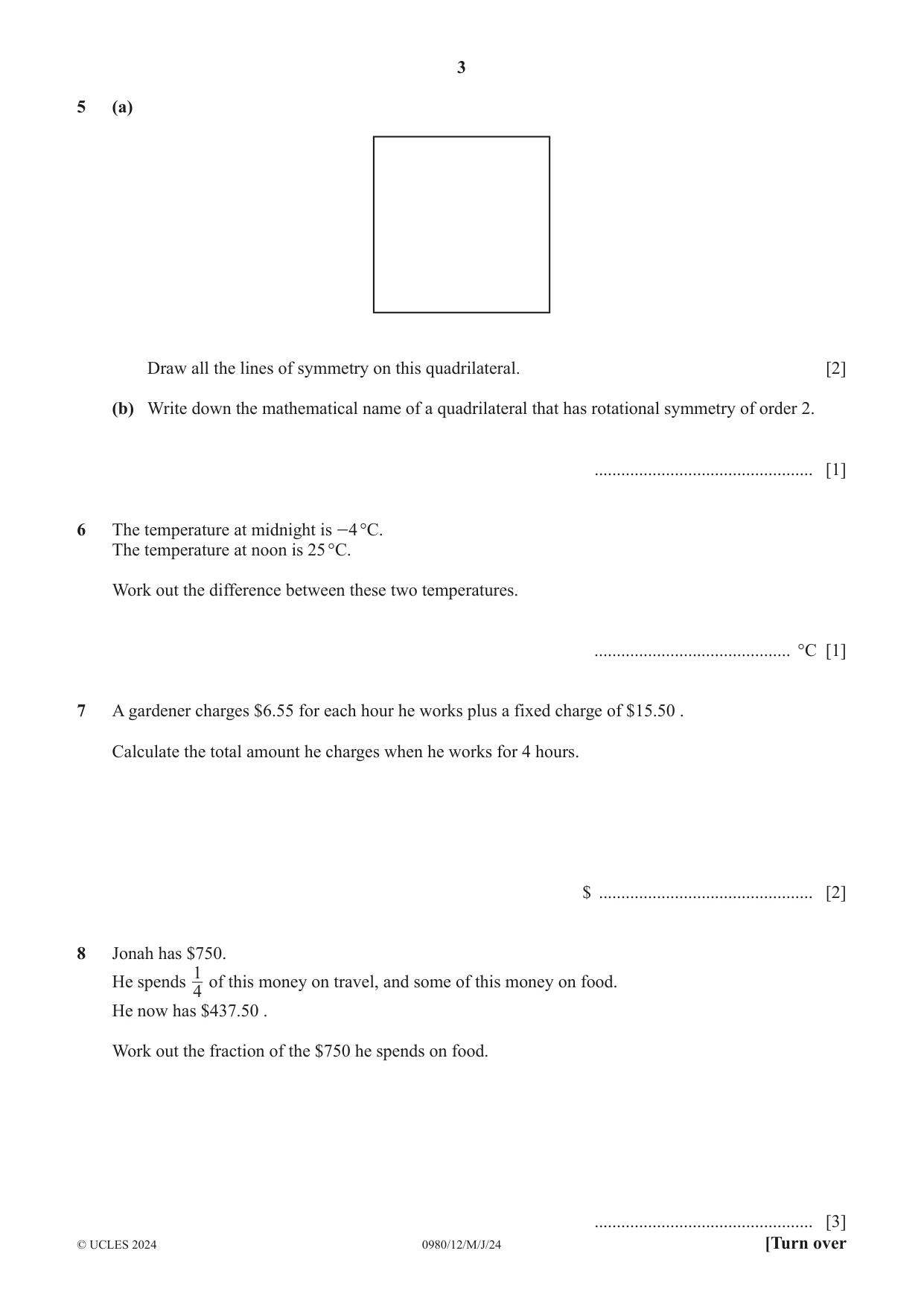 Cambridge IGCSE Mathematics (9-1) 0980 2024 May/June Paper 1 · Variant 2 question paper, page 3 of 8