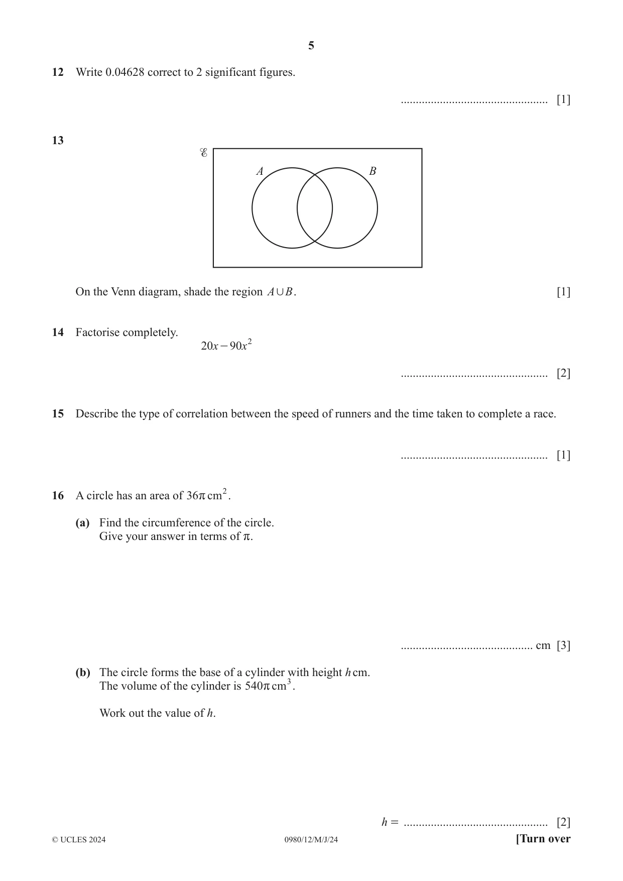 Cambridge IGCSE Mathematics (9-1) 0980 2024 May/June Paper 1 · Variant 2 question paper, page 5 of 8