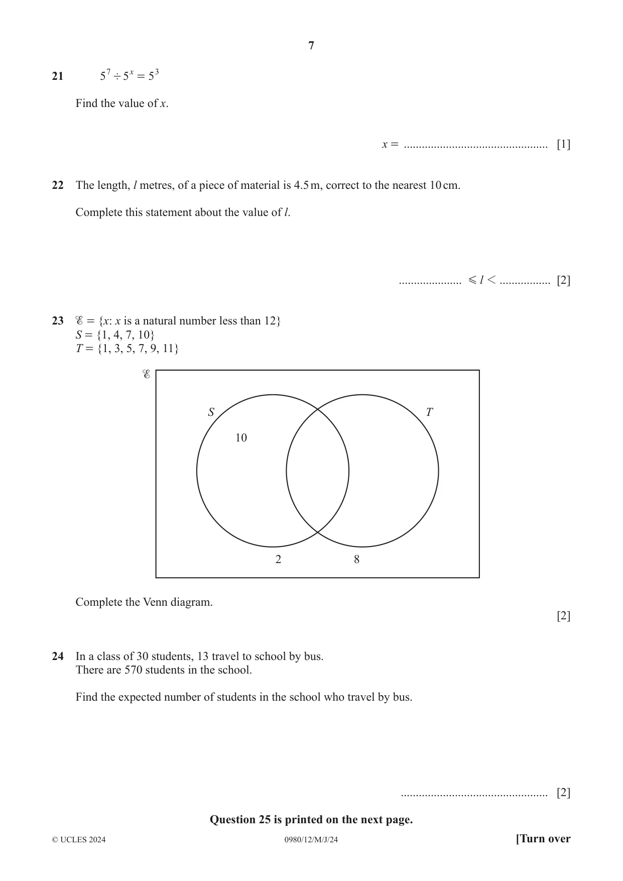 Cambridge IGCSE Mathematics (9-1) 0980 2024 May/June Paper 1 · Variant 2 question paper, page 7 of 8