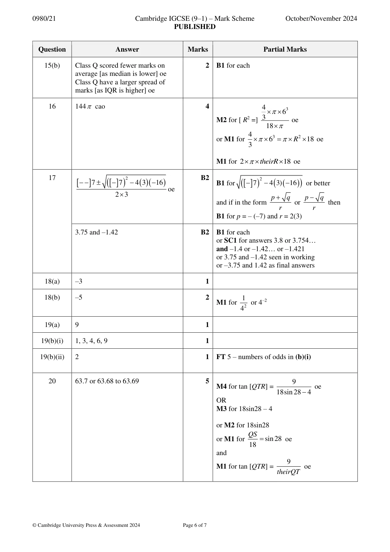 Mark scheme, page 6 of 7