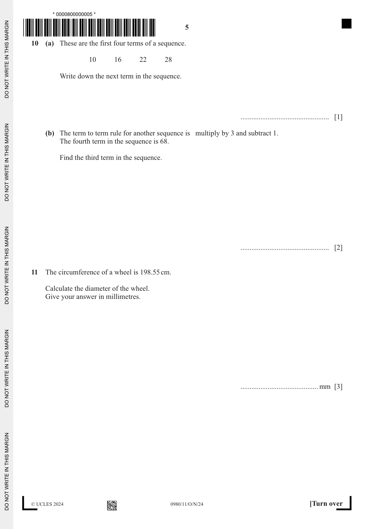 Cambridge IGCSE Mathematics (9-1) 0980 2024 Oct/Nov Paper 1 · Variant 1 question paper, page 5 of 12