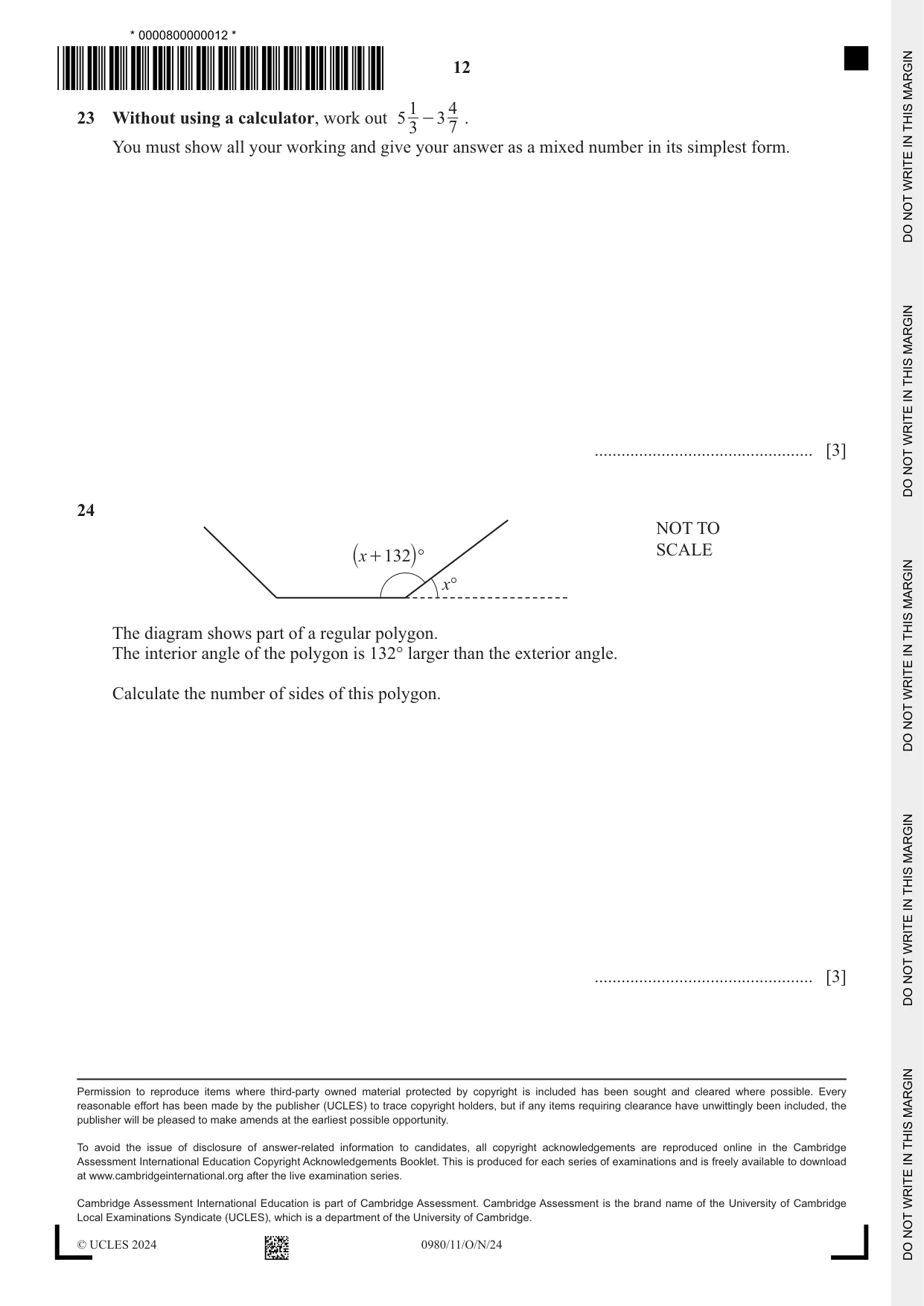 Cambridge IGCSE Mathematics (9-1) 0980 2024 Oct/Nov Paper 1 · Variant 1 question paper, page 12 of 12