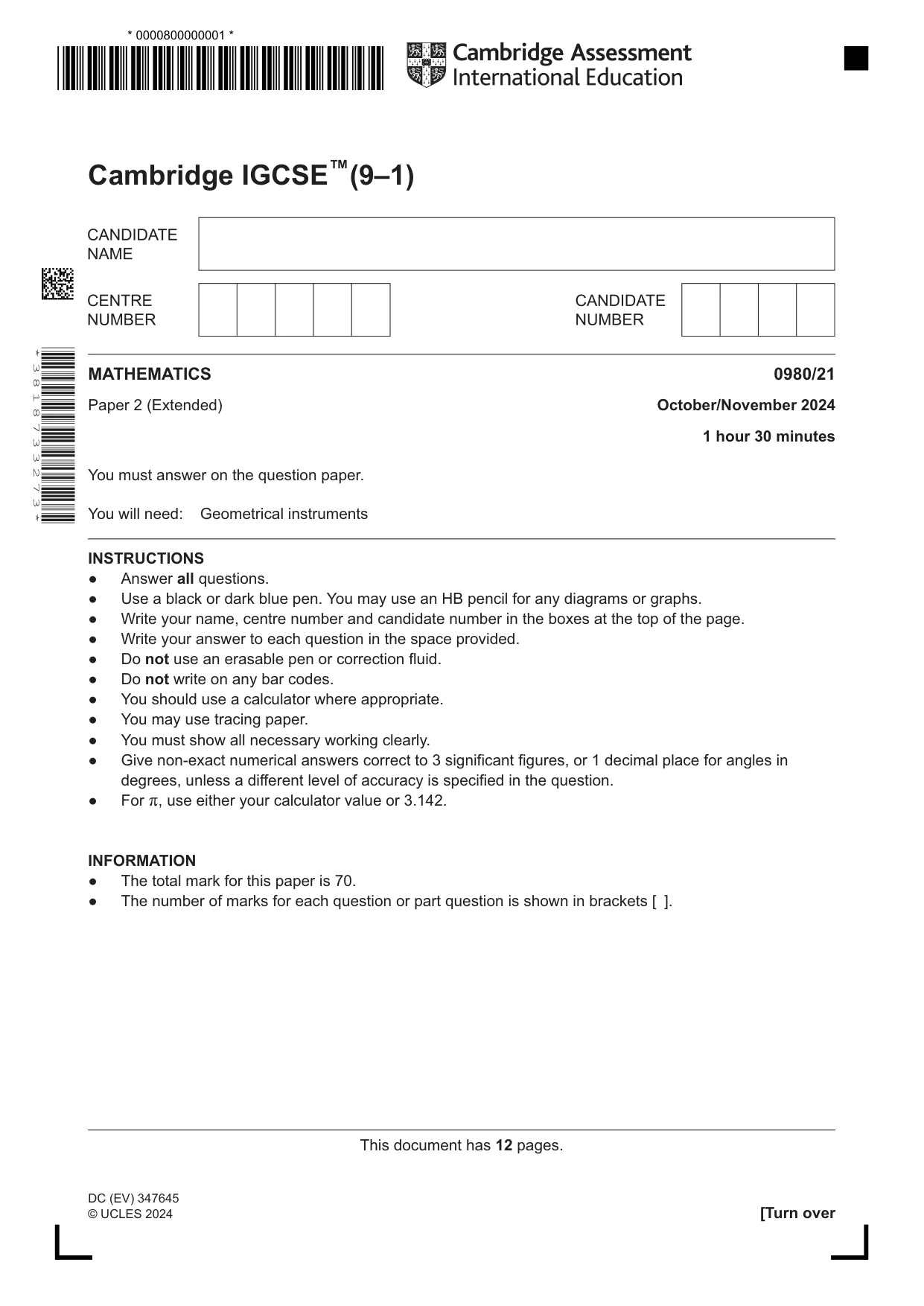 Cambridge IGCSE Mathematics (9-1) 0980 2024 Oct/Nov Paper 2 · Variant 1 question paper, page 1 of 12
