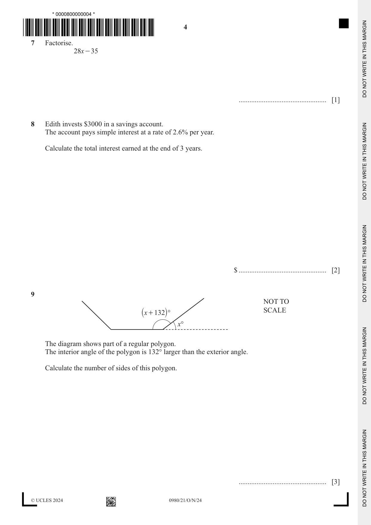 Cambridge IGCSE Mathematics (9-1) 0980 2024 Oct/Nov Paper 2 · Variant 1 question paper, page 4 of 12