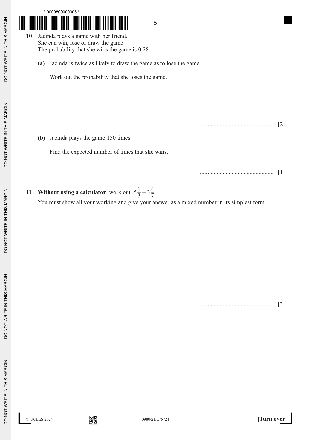 Cambridge IGCSE Mathematics (9-1) 0980 2024 Oct/Nov Paper 2 · Variant 1 question paper, page 5 of 12