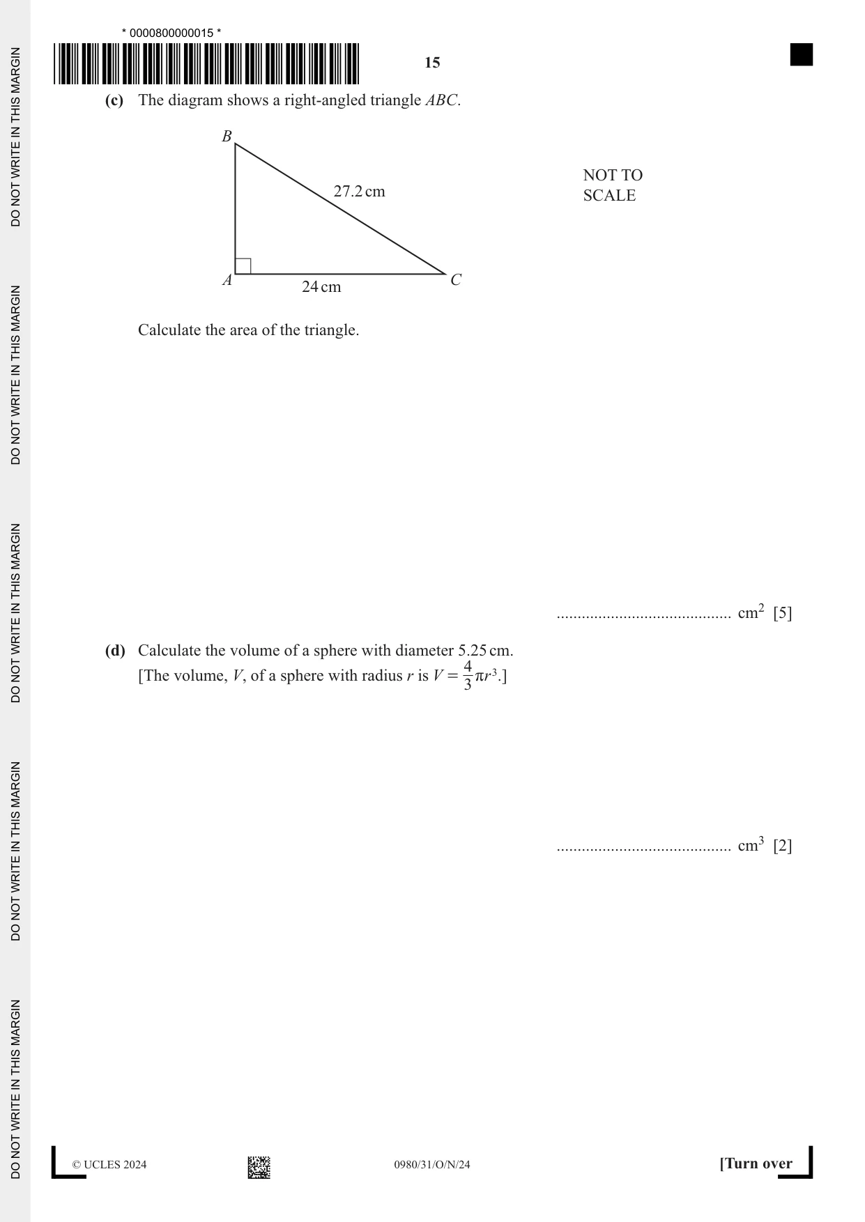 Cambridge IGCSE Mathematics (9-1) 0980 2024 Oct/Nov Paper 3 · Variant 1 question paper, page 15 of 20
