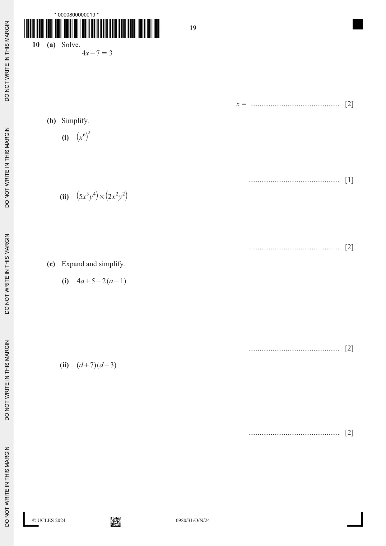 Cambridge IGCSE Mathematics (9-1) 0980 2024 Oct/Nov Paper 3 · Variant 1 question paper, page 19 of 20