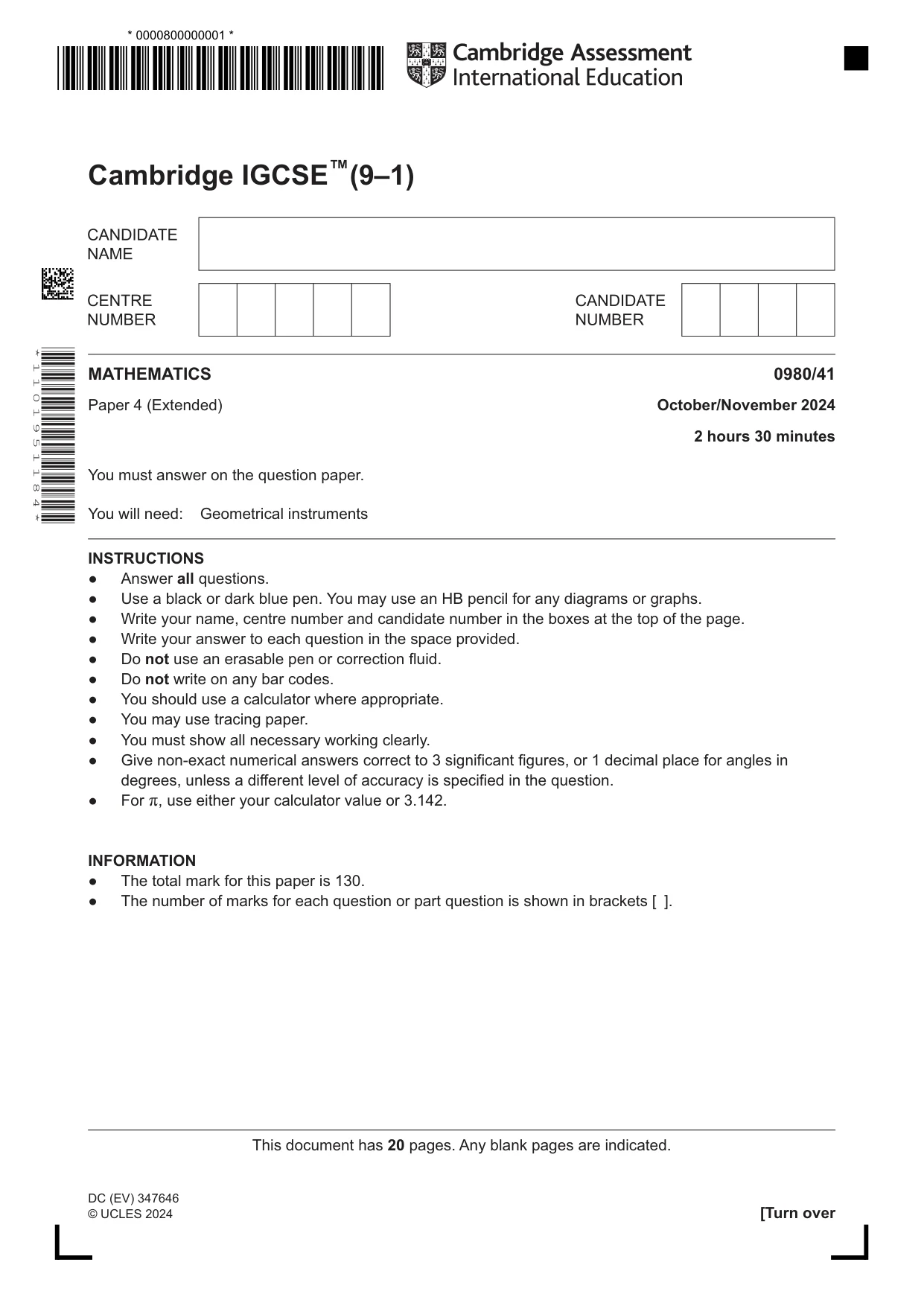 Cambridge IGCSE Mathematics (9-1) 0980 2024 Oct/Nov Paper 4 · Variant 1 question paper, page 1 of 20