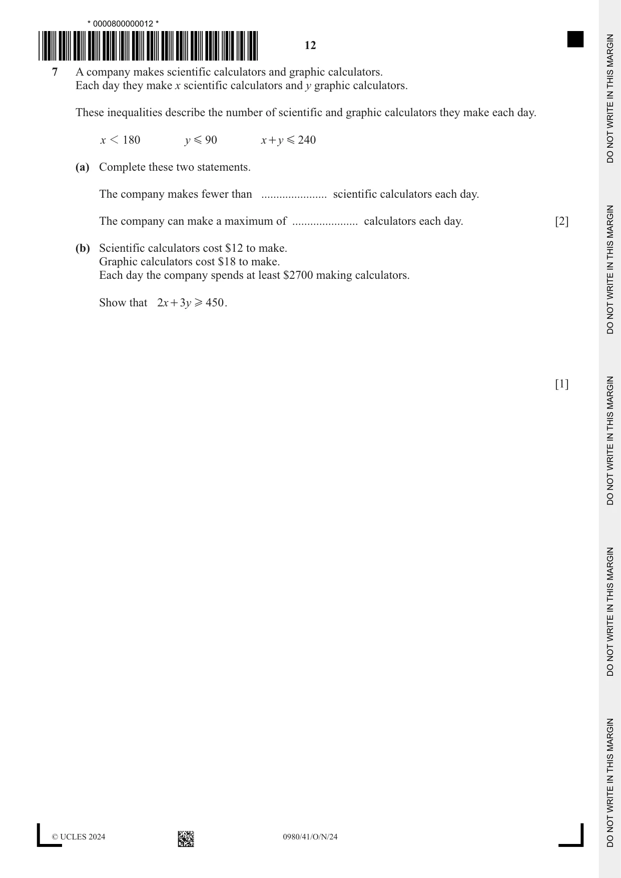 Cambridge IGCSE Mathematics (9-1) 0980 2024 Oct/Nov Paper 4 · Variant 1 question paper, page 12 of 20