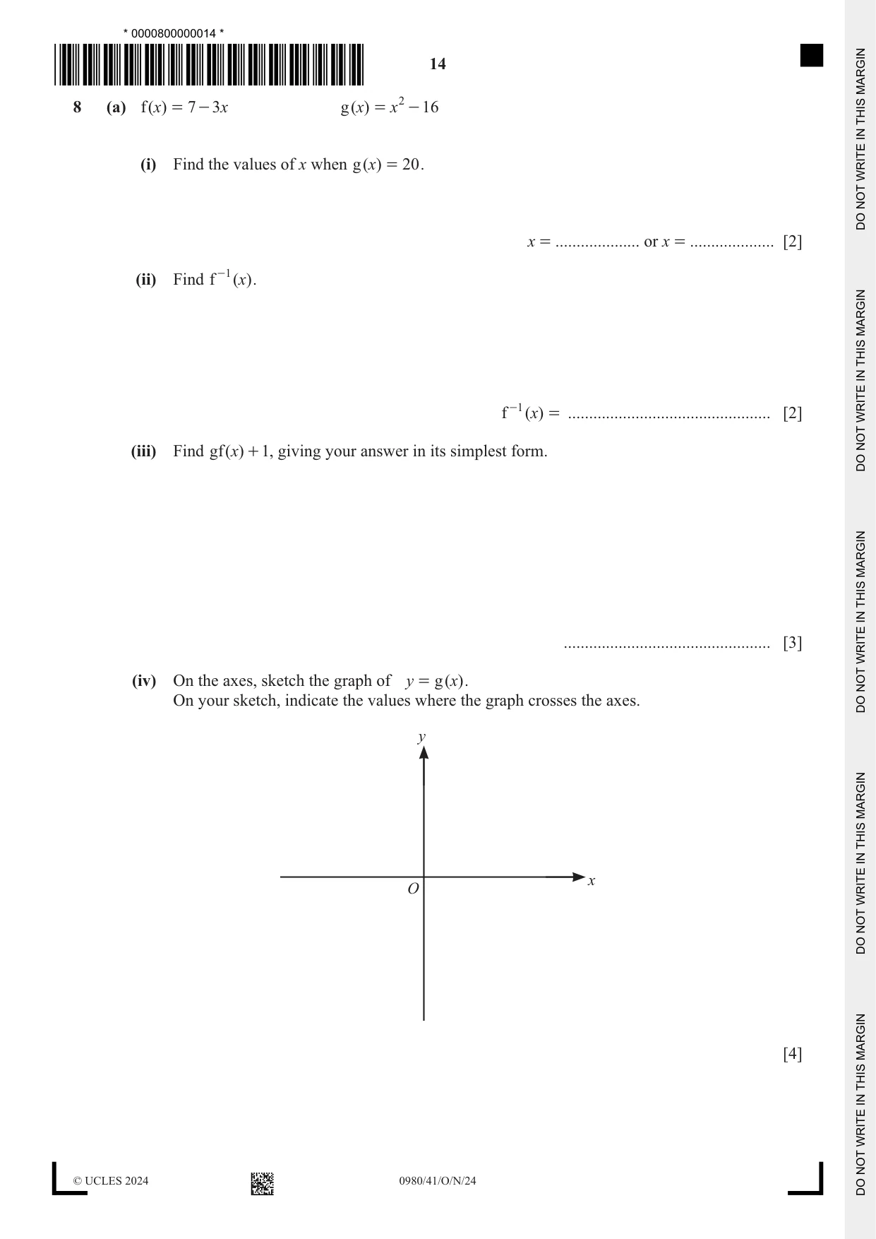 Cambridge IGCSE Mathematics (9-1) 0980 2024 Oct/Nov Paper 4 · Variant 1 question paper, page 14 of 20