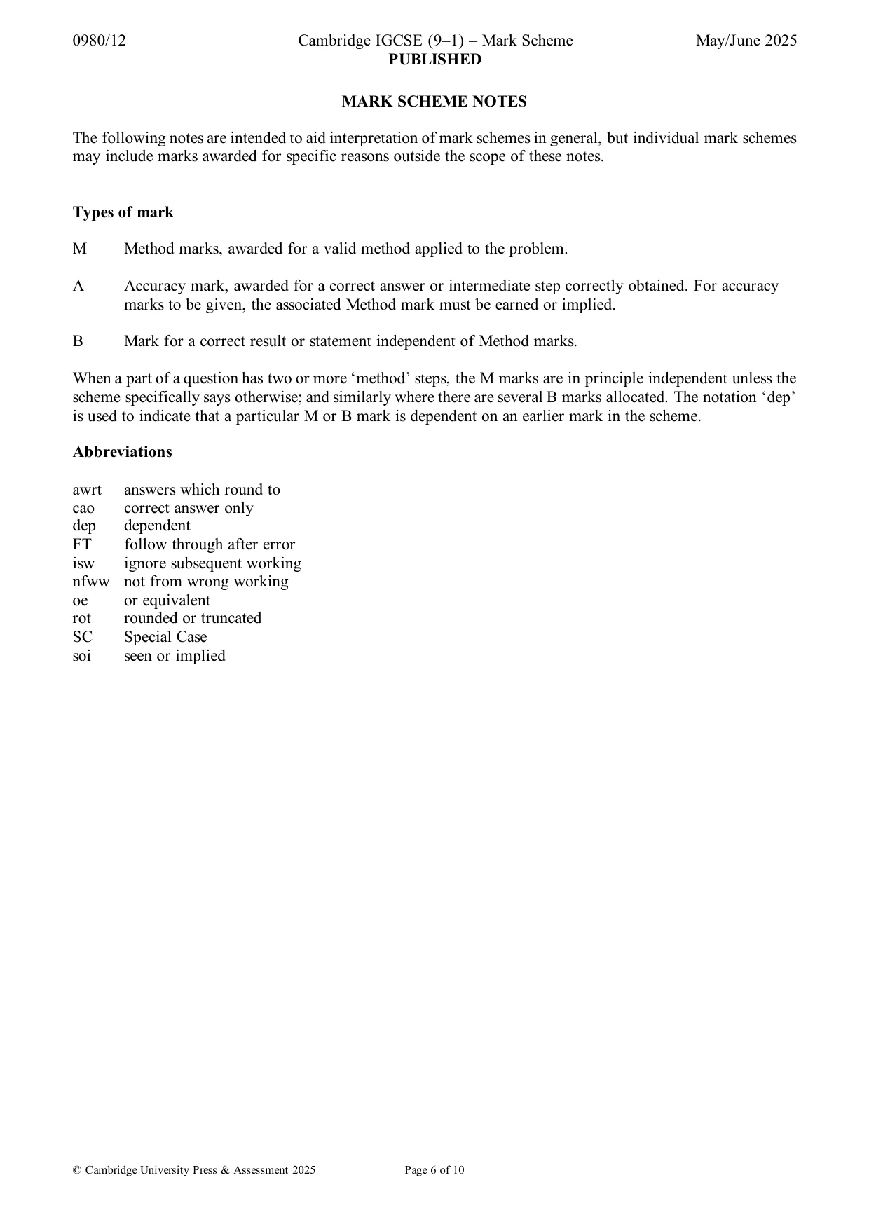 Mark scheme, page 6 of 10