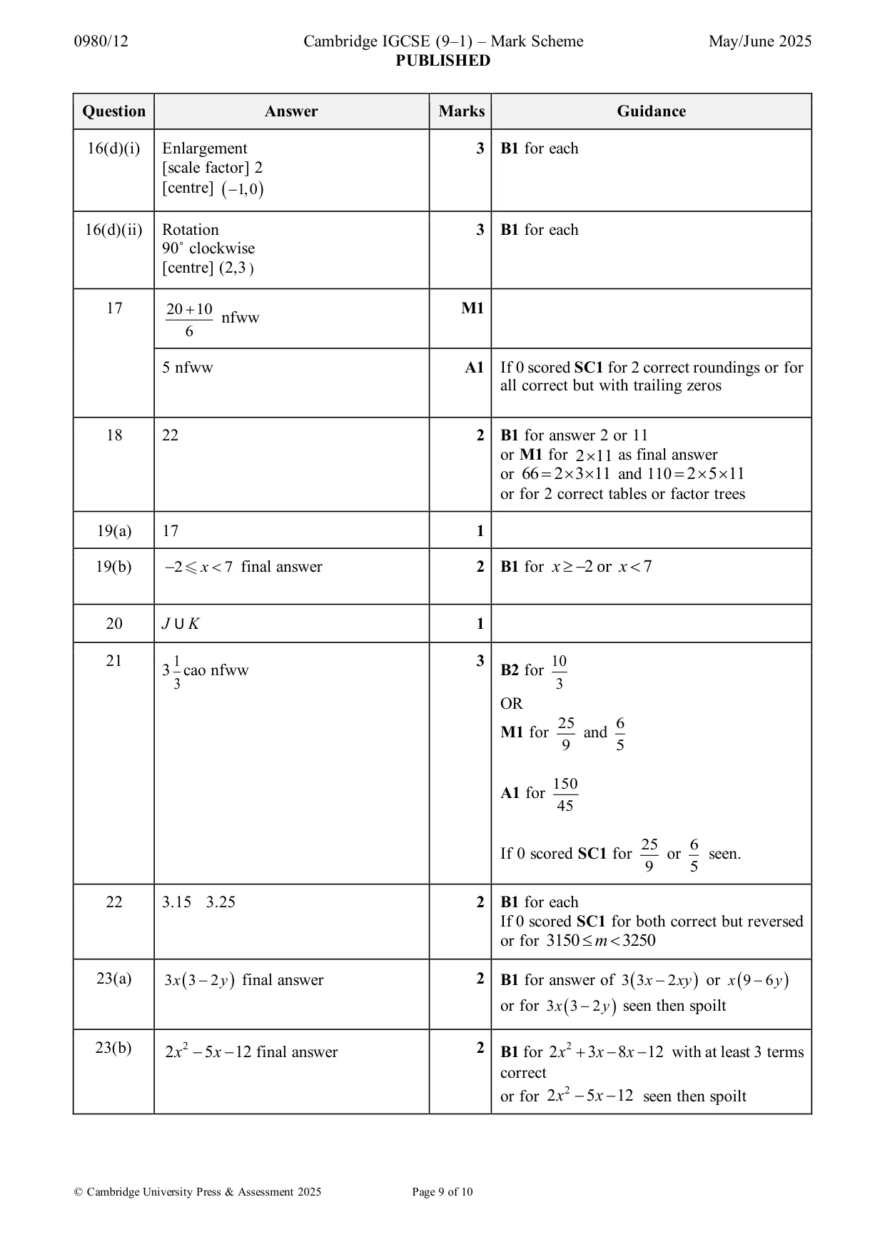 Mark scheme, page 9 of 10