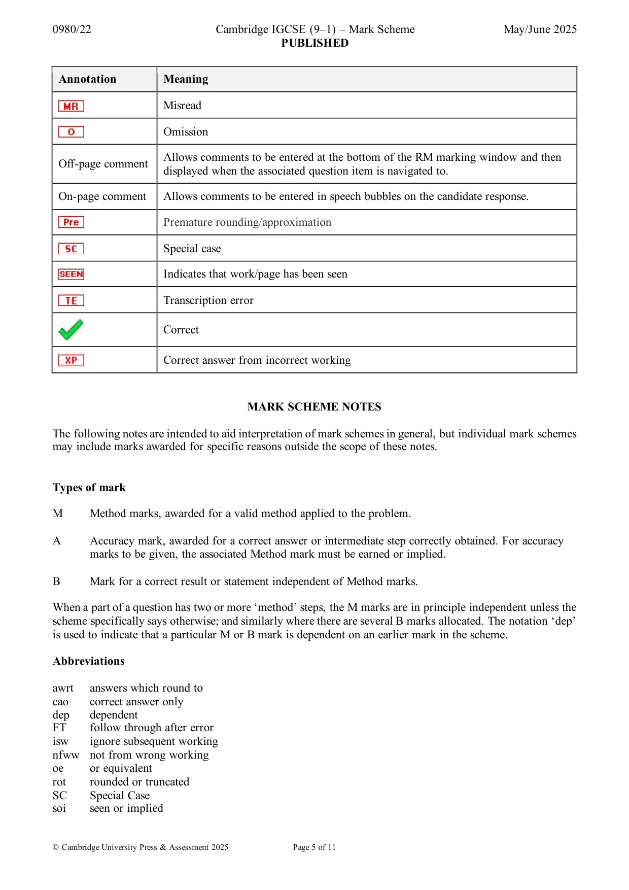 Mark scheme, page 5 of 11