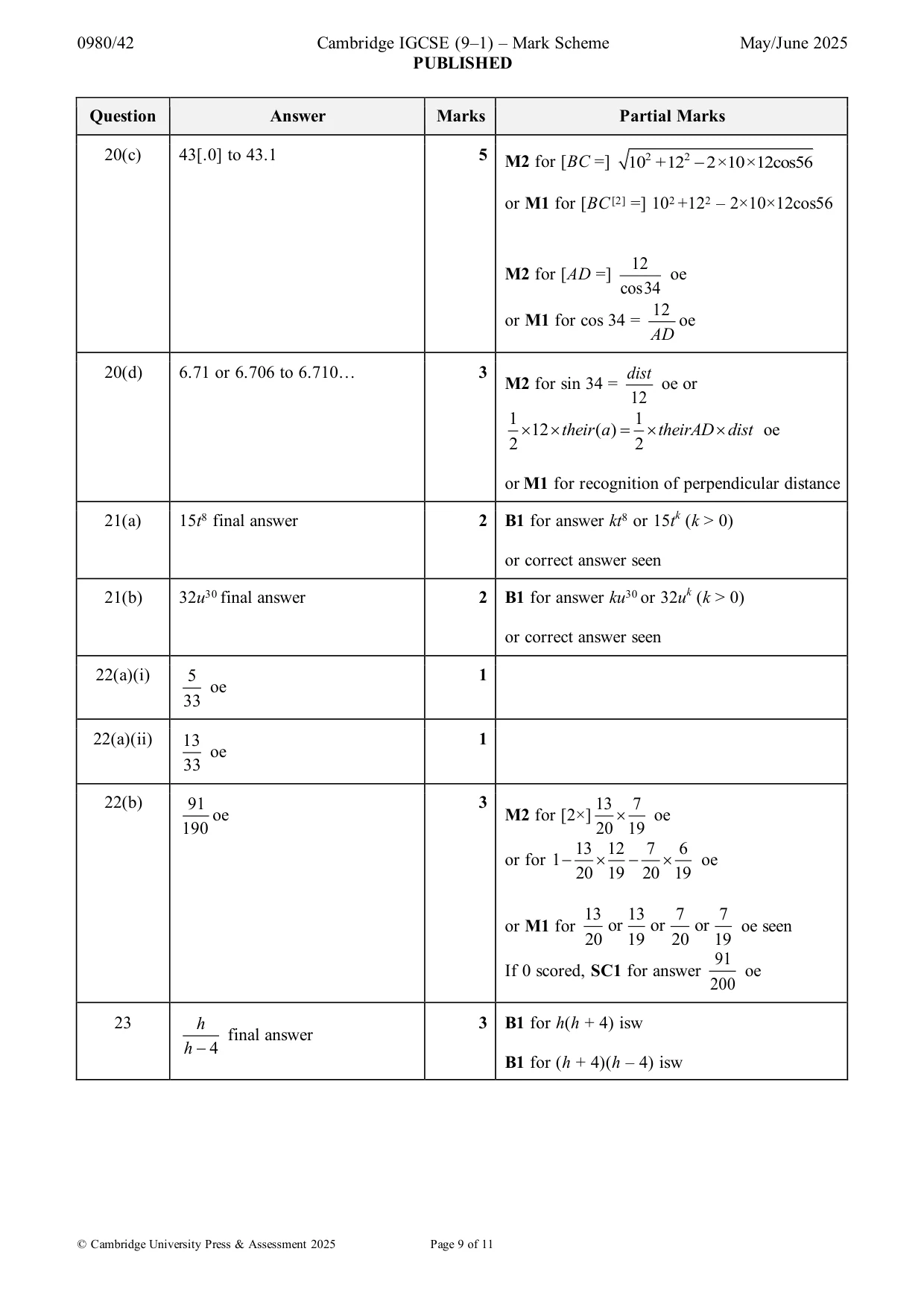 Mark scheme, page 9 of 11