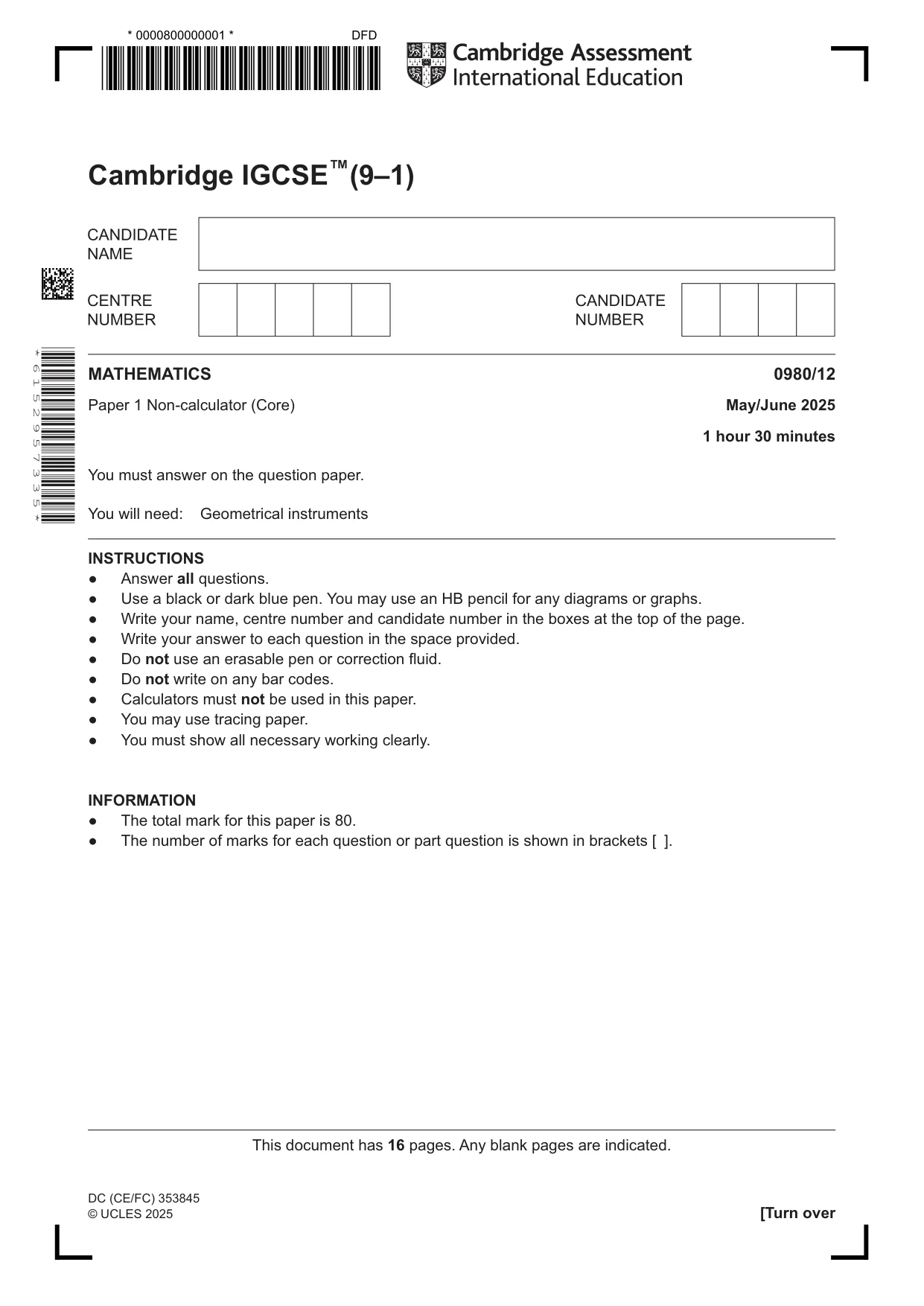 Cambridge IGCSE Mathematics (9-1) 0980 2025 May/June Paper 1 · Variant 2 question paper, page 1 of 16