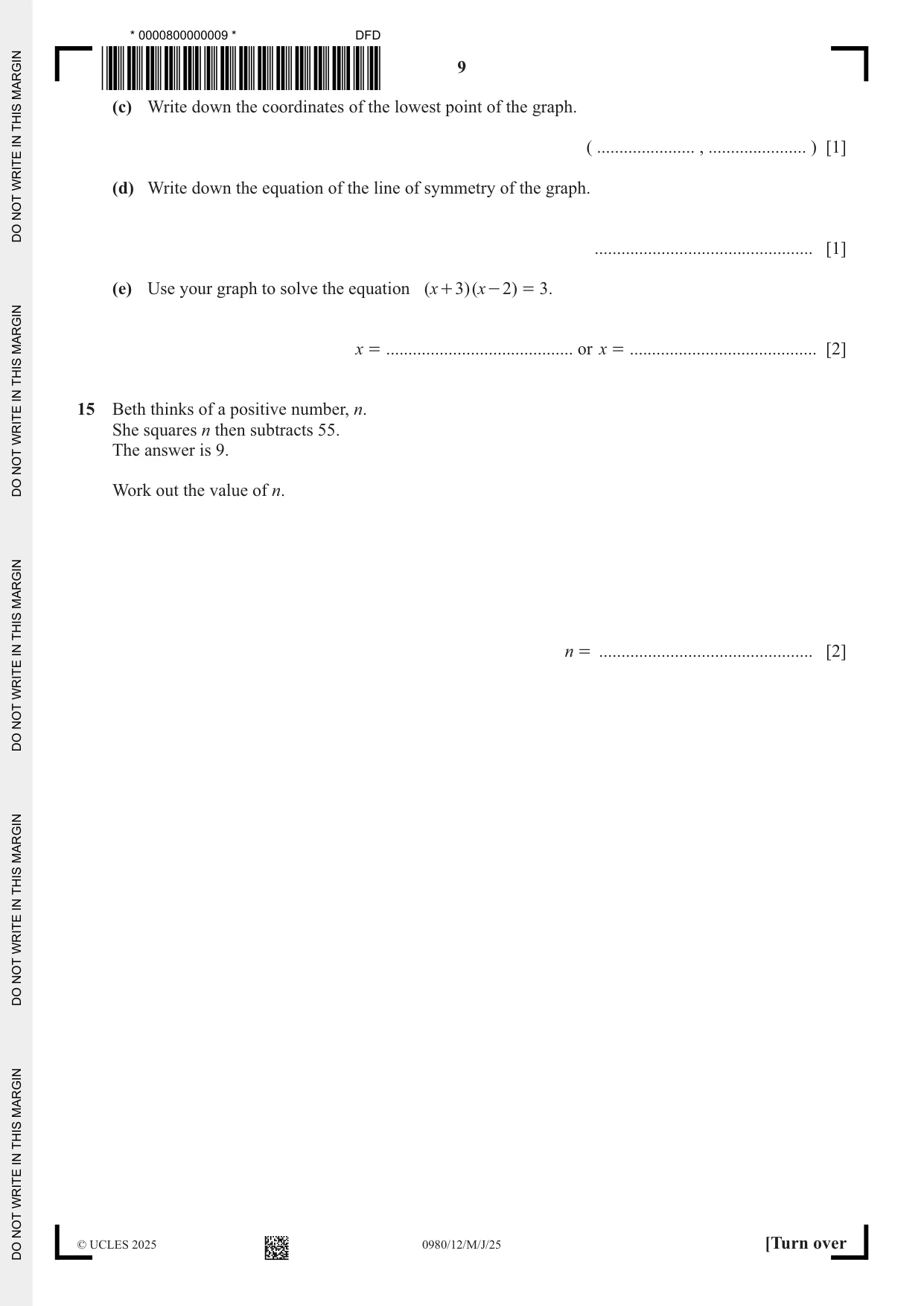 Cambridge IGCSE Mathematics (9-1) 0980 2025 May/June Paper 1 · Variant 2 question paper, page 9 of 16