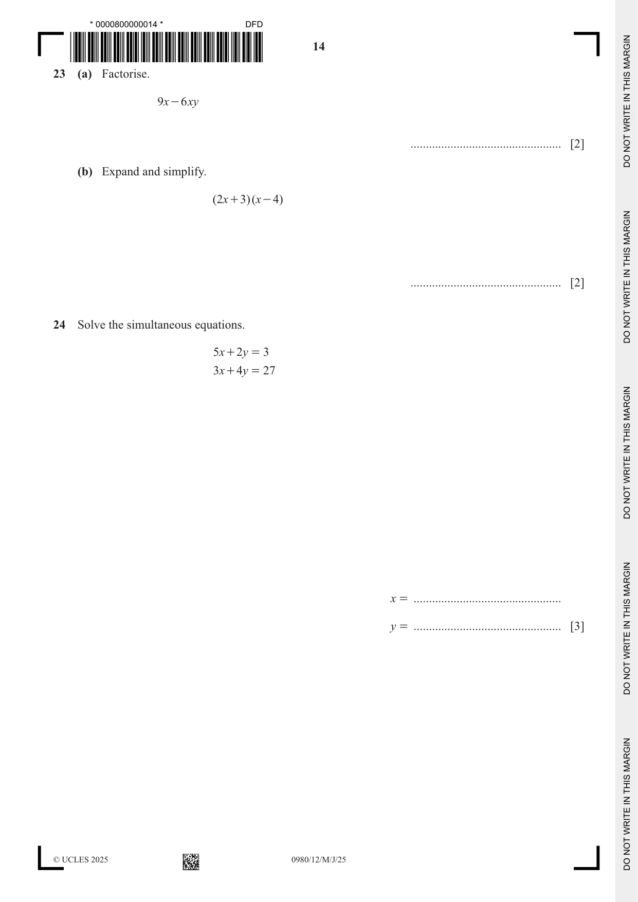 Cambridge IGCSE Mathematics (9-1) 0980 2025 May/June Paper 1 · Variant 2 question paper, page 14 of 16