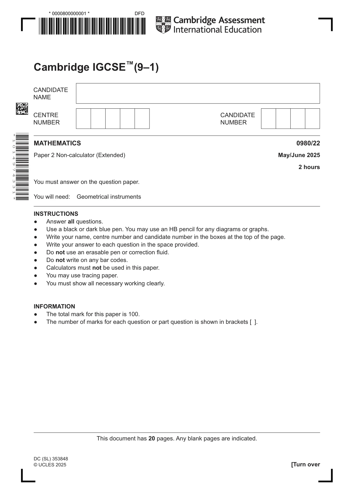 Cambridge IGCSE Mathematics (9-1) 0980 2025 May/June Paper 2 · Variant 2 question paper, page 1 of 20