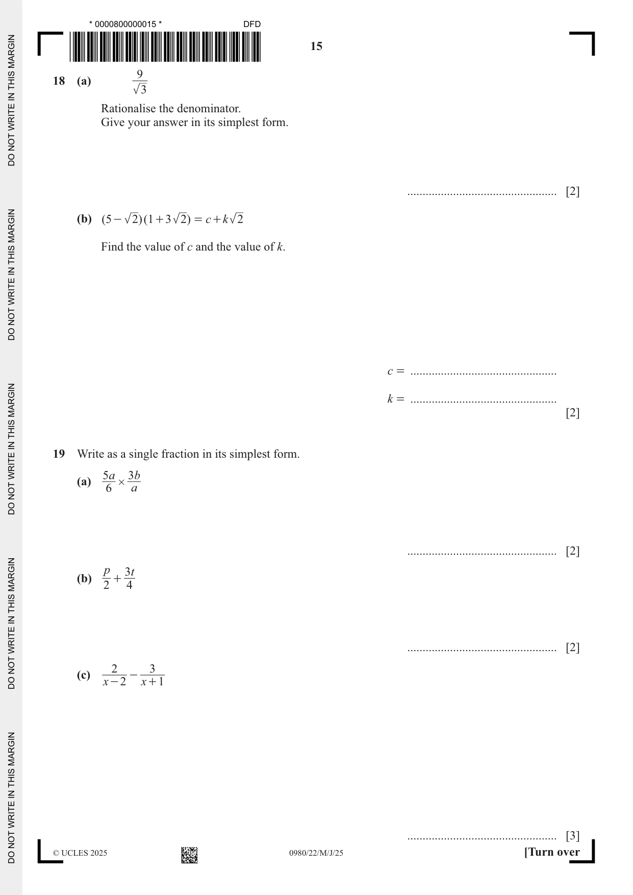 Cambridge IGCSE Mathematics (9-1) 0980 2025 May/June Paper 2 · Variant 2 question paper, page 15 of 20