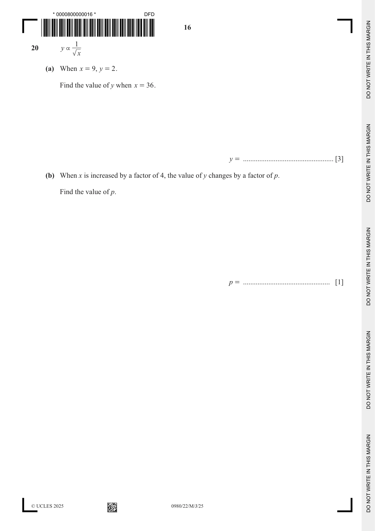 Cambridge IGCSE Mathematics (9-1) 0980 2025 May/June Paper 2 · Variant 2 question paper, page 16 of 20