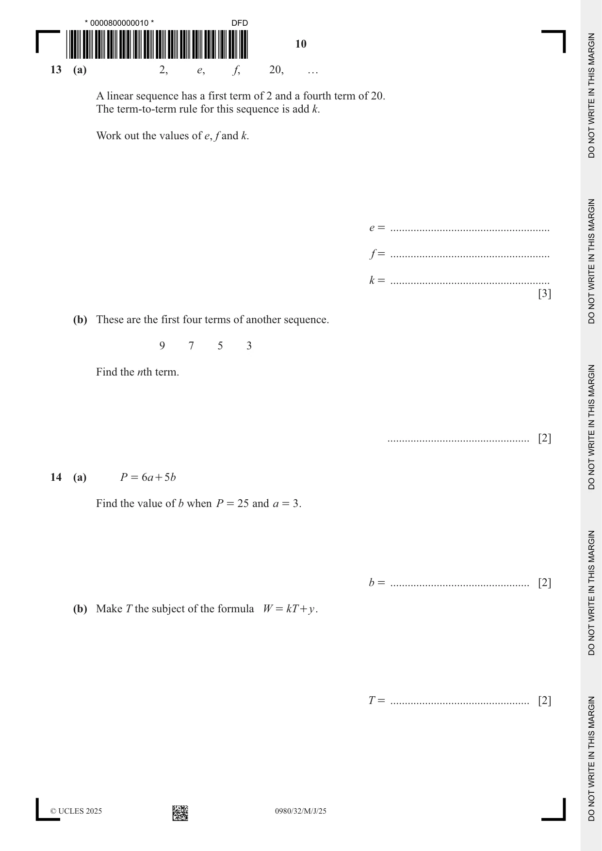 Cambridge IGCSE Mathematics (9-1) 0980 2025 May/June Paper 3 · Variant 2 question paper, page 10 of 16