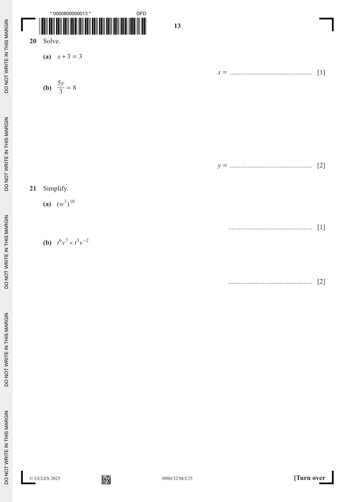 Cambridge IGCSE Mathematics (9-1) 0980 2025 May/June Paper 3 · Variant 2 question paper, page 13 of 16