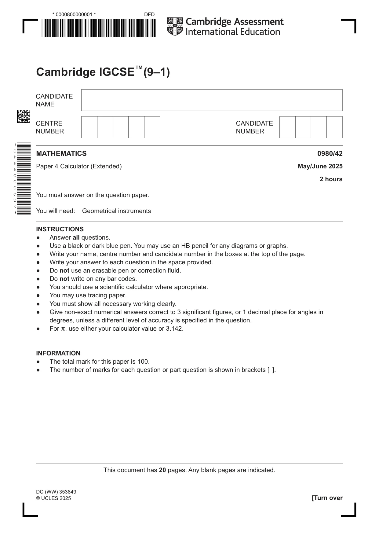 Cambridge IGCSE Mathematics (9-1) 0980 2025 May/June Paper 4 · Variant 2 question paper, page 1 of 20
