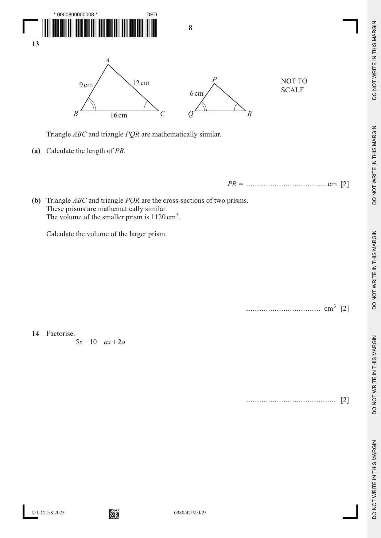 Cambridge IGCSE Mathematics (9-1) 0980 2025 May/June Paper 4 · Variant 2 question paper, page 8 of 20