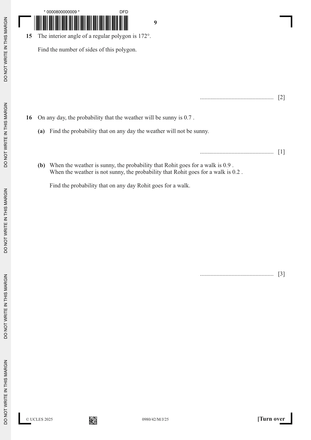 Cambridge IGCSE Mathematics (9-1) 0980 2025 May/June Paper 4 · Variant 2 question paper, page 9 of 20