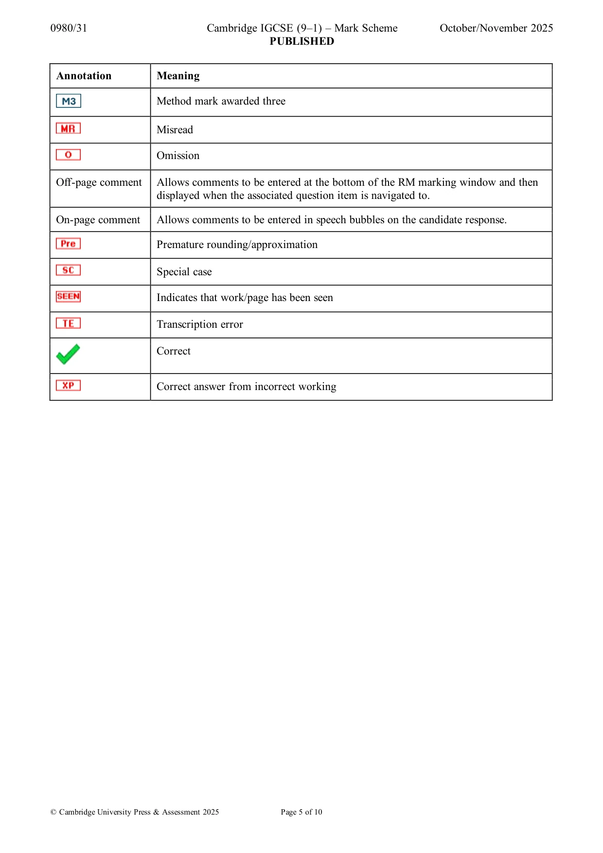 Mark scheme, page 5 of 10