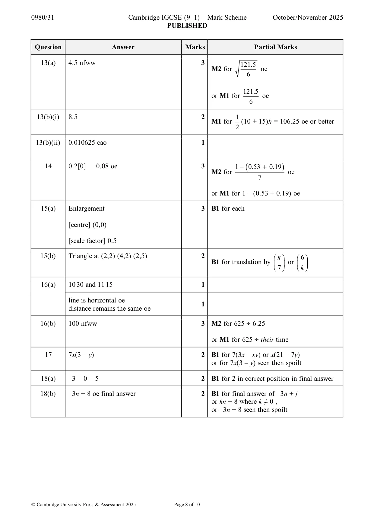 Mark scheme, page 8 of 10