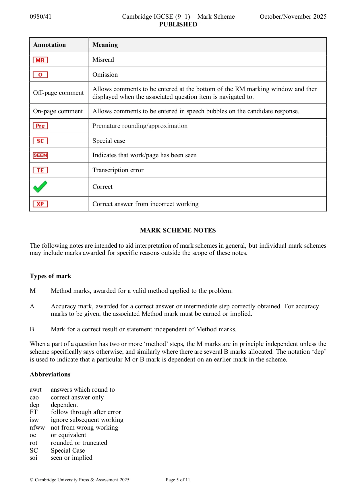 Mark scheme, page 5 of 11
