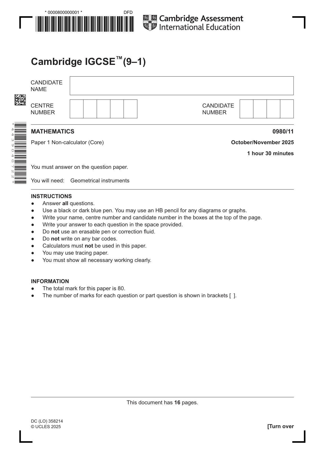 Cambridge IGCSE Mathematics (9-1) 0980 2025 Oct/Nov Paper 1 · Variant 1 question paper, page 1 of 16