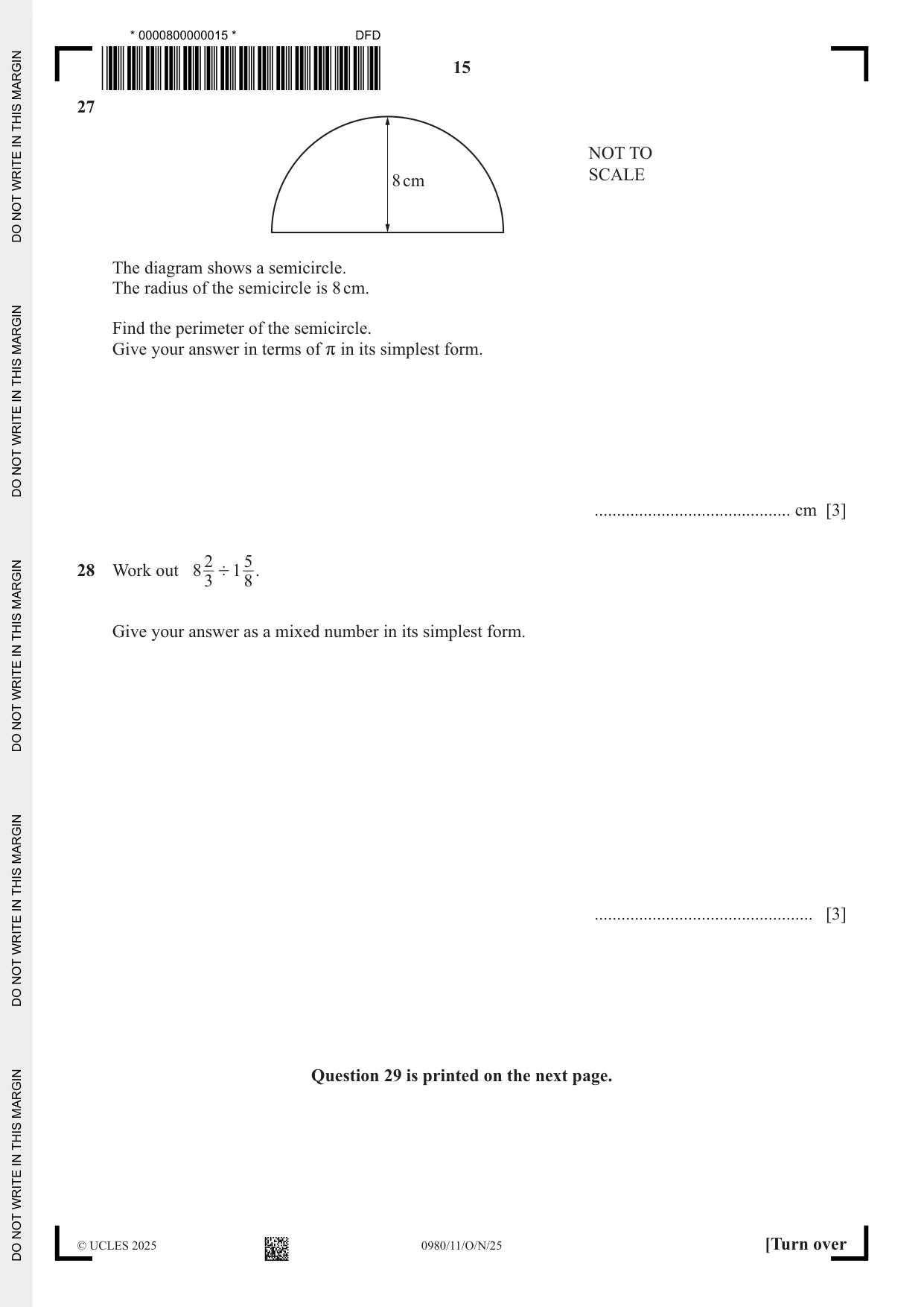 Cambridge IGCSE Mathematics (9-1) 0980 2025 Oct/Nov Paper 1 · Variant 1 question paper, page 15 of 16