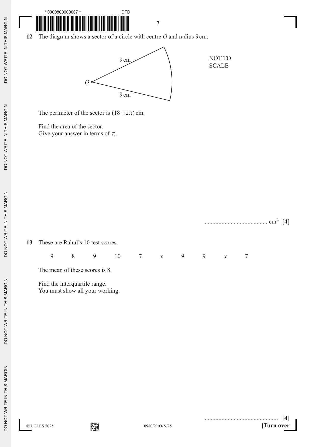 Cambridge IGCSE Mathematics (9-1) 0980 2025 Oct/Nov Paper 2 · Variant 1 question paper, page 7 of 16