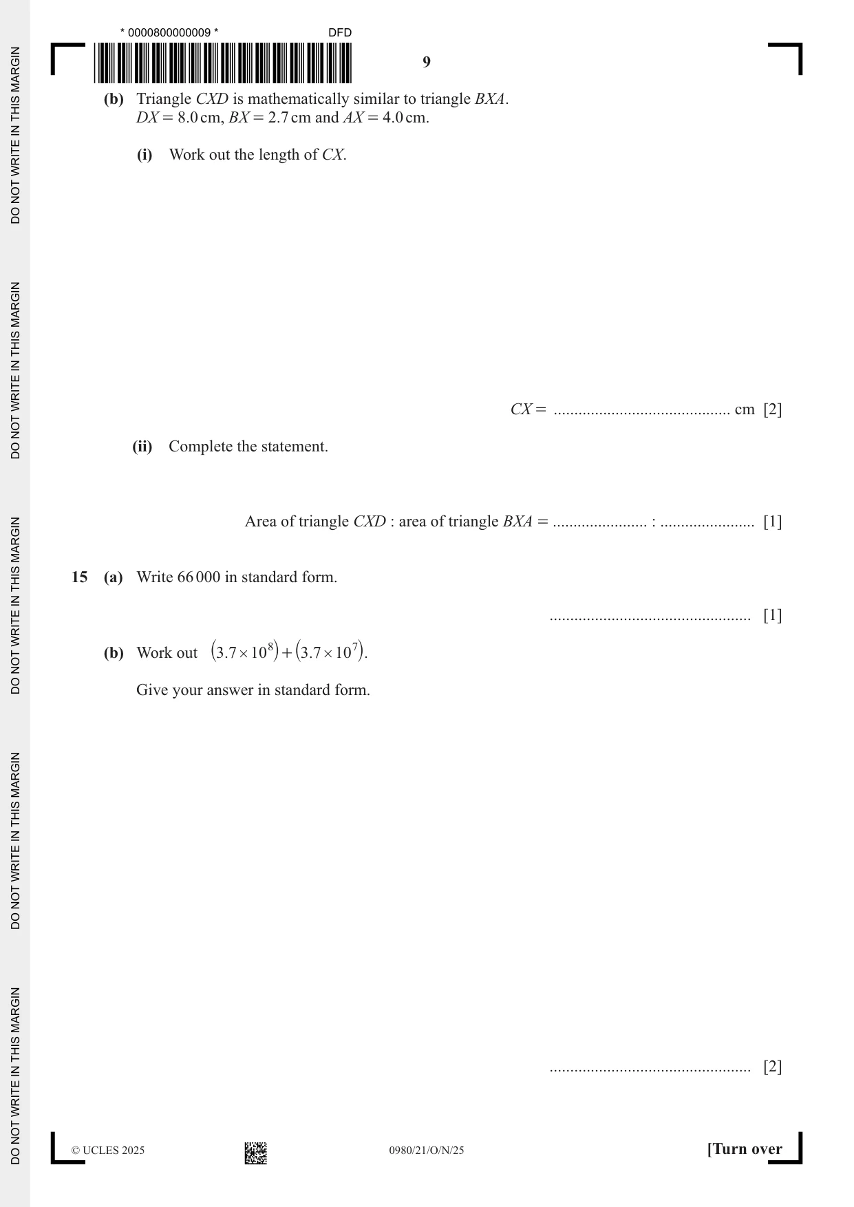 Cambridge IGCSE Mathematics (9-1) 0980 2025 Oct/Nov Paper 2 · Variant 1 question paper, page 9 of 16