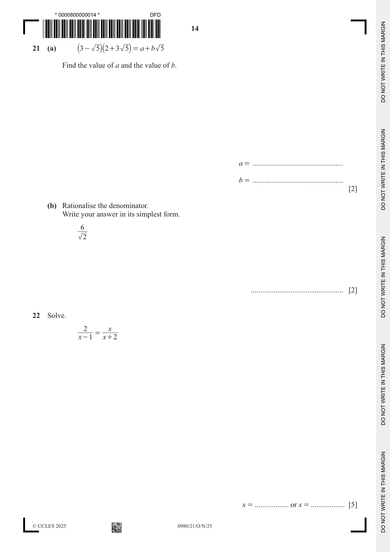 Cambridge IGCSE Mathematics (9-1) 0980 2025 Oct/Nov Paper 2 · Variant 1 question paper, page 14 of 16