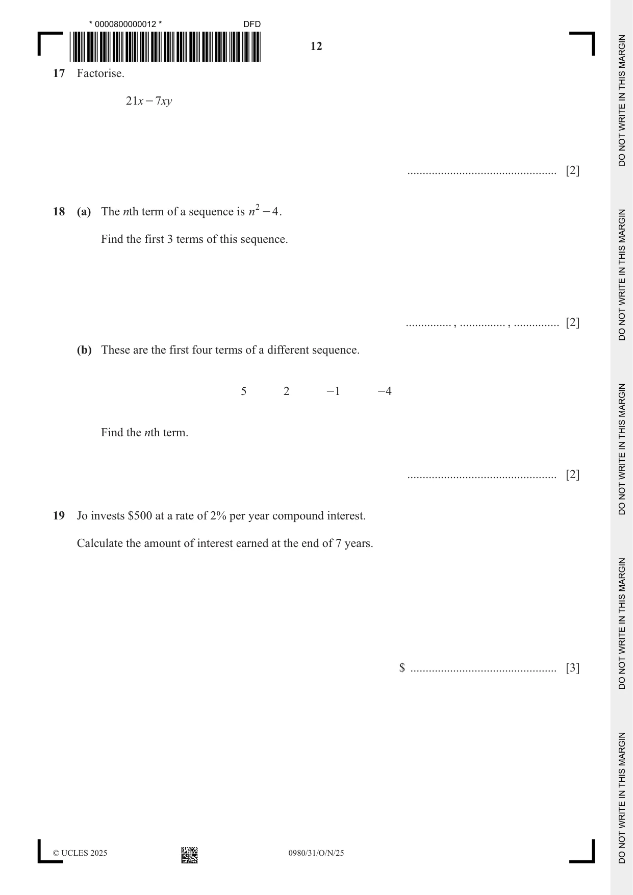 Cambridge IGCSE Mathematics (9-1) 0980 2025 Oct/Nov Paper 3 · Variant 1 question paper, page 12 of 16