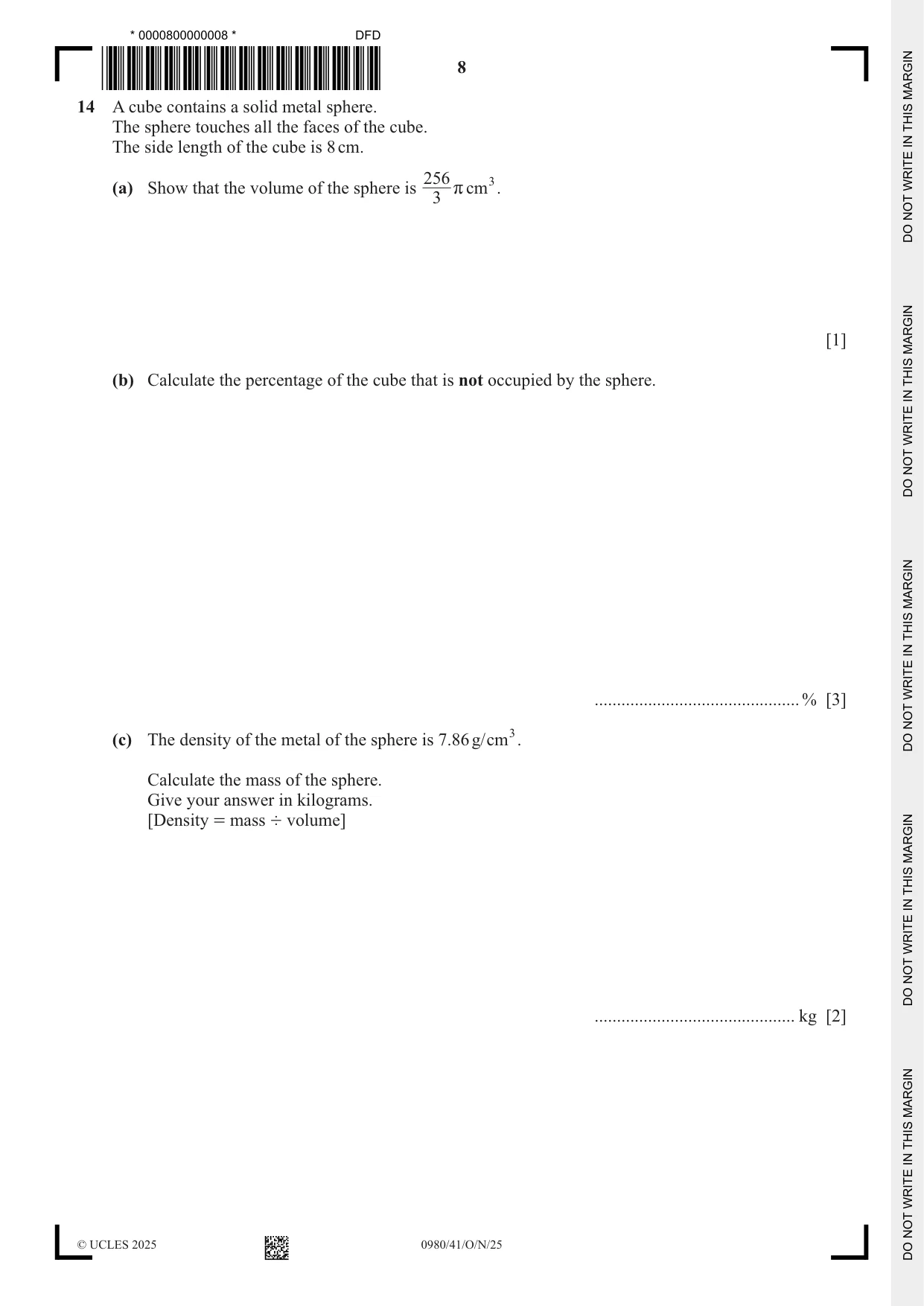 Cambridge IGCSE Mathematics (9-1) 0980 2025 Oct/Nov Paper 4 · Variant 1 question paper, page 8 of 20