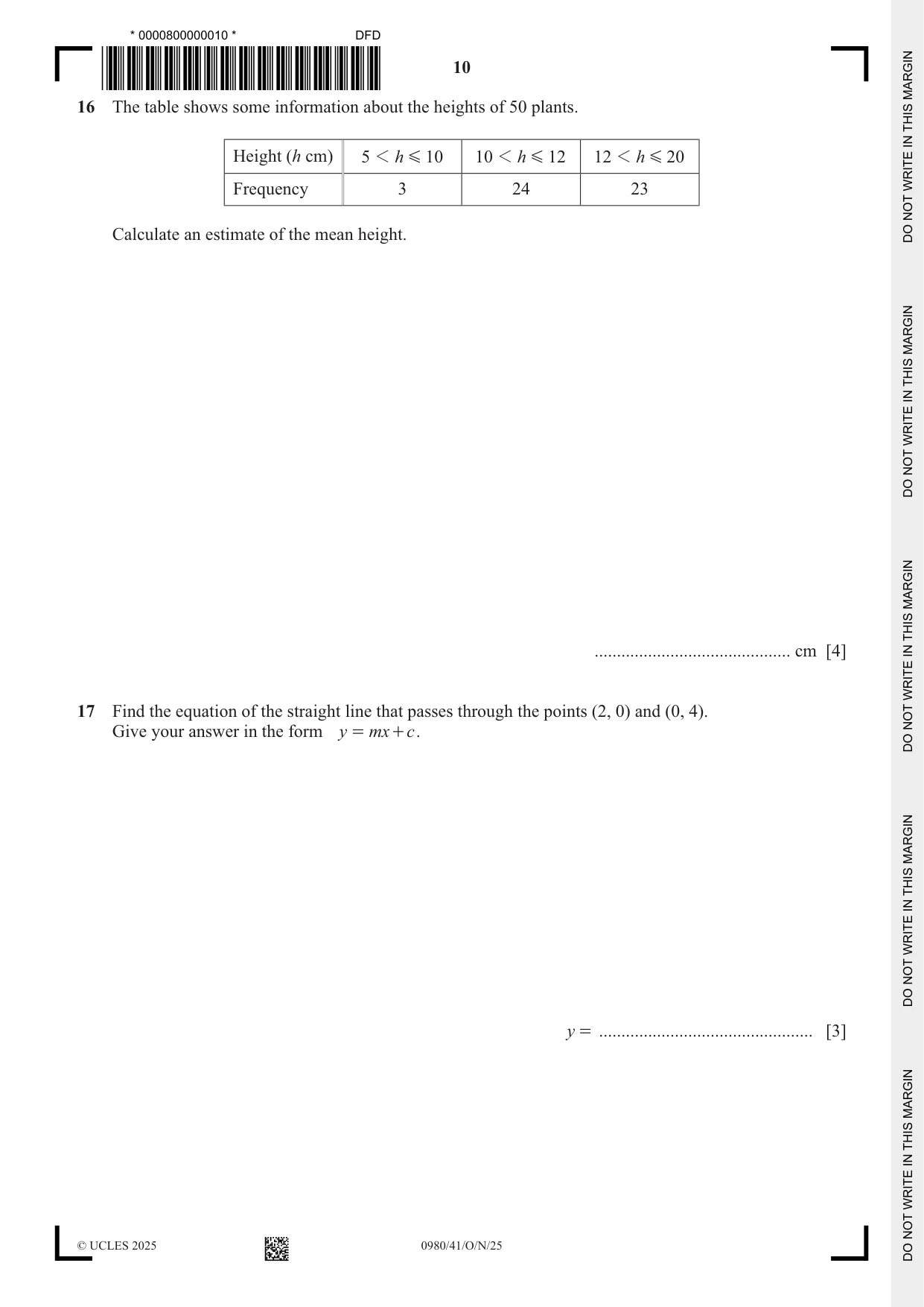Cambridge IGCSE Mathematics (9-1) 0980 2025 Oct/Nov Paper 4 · Variant 1 question paper, page 10 of 20