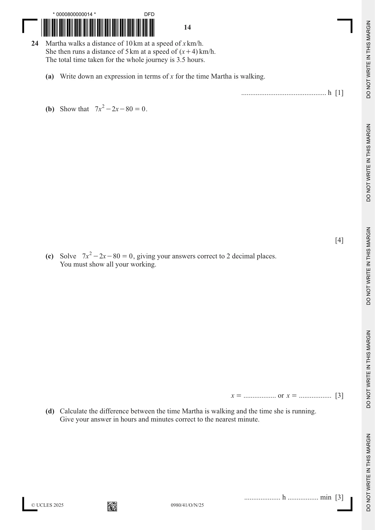 Cambridge IGCSE Mathematics (9-1) 0980 2025 Oct/Nov Paper 4 · Variant 1 question paper, page 14 of 20